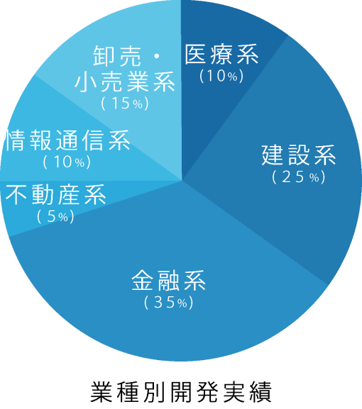 業種別開発実績：医療系 10%、建設系 25%、金融系 35%、不動産系 5%、情報通信系 10%、卸売・高知業系 15%